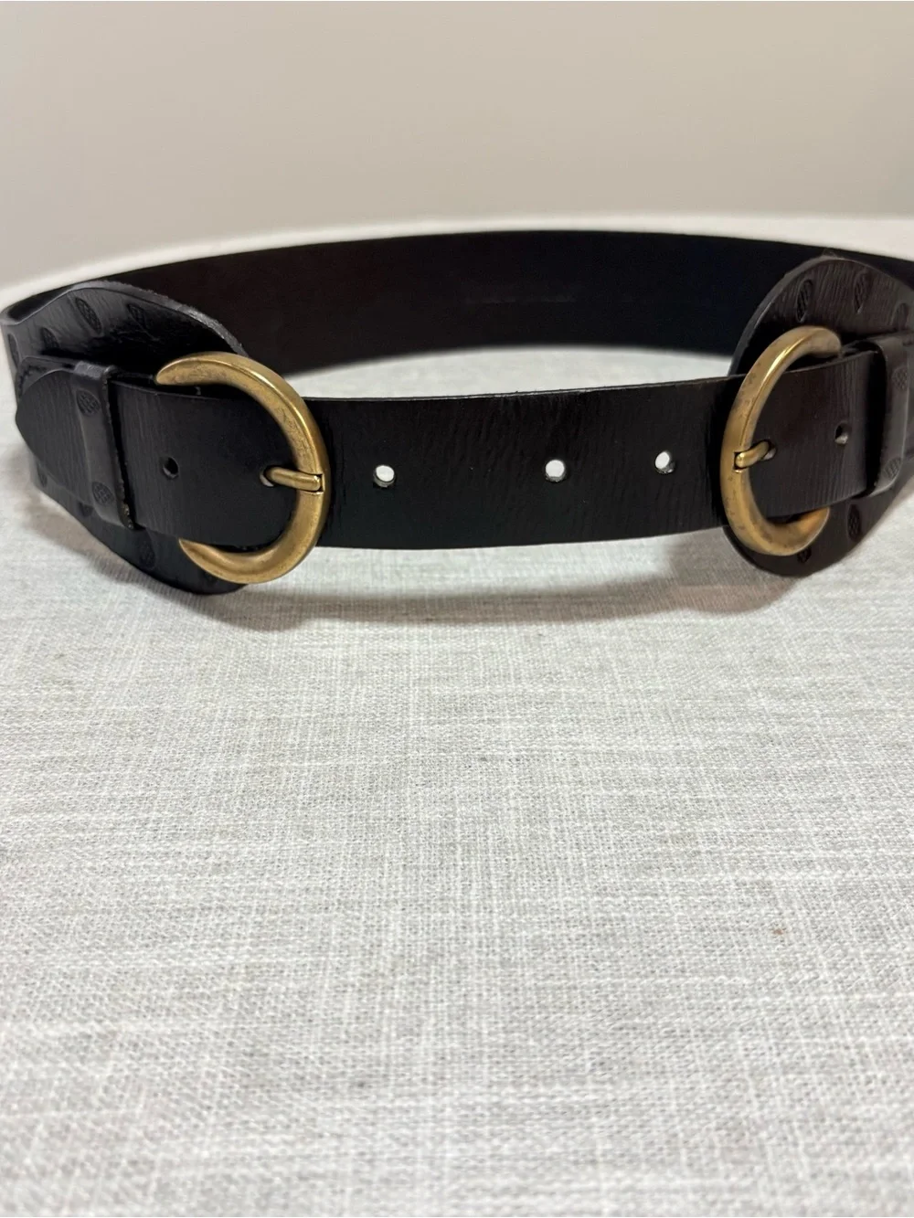 Linea Pelle Black Leather Double-Ring Belt with Antique Gold Buckles Y2K